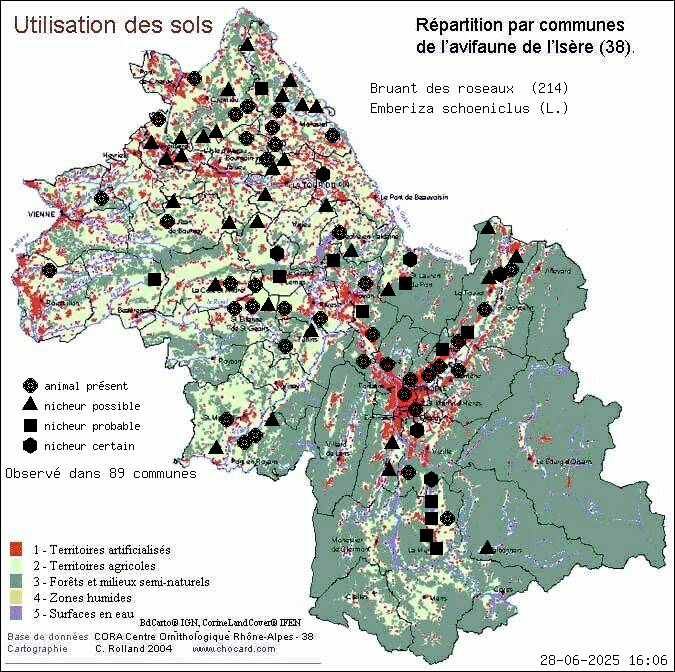 Bruant des roseaux (Emberiza schoeniclus (L.)): carte de rpartition en Isre