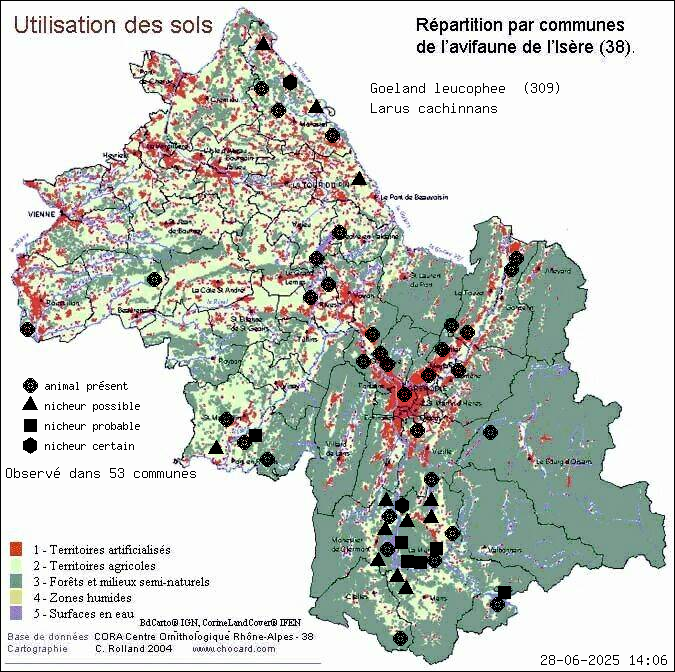 Carte de rpartition par communes en Isre d'une espce d'animal: Goland leucophe (Larus cachinnans) selon Occupation des sols