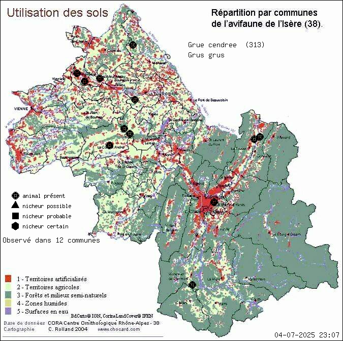 Grue cendre (Grus grus): carte de rpartition en Isre