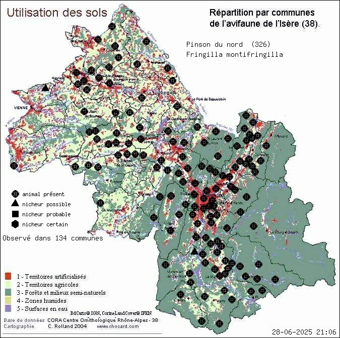 Pinson du nord (Fringilla montifringilla): carte de rpartition en Isre