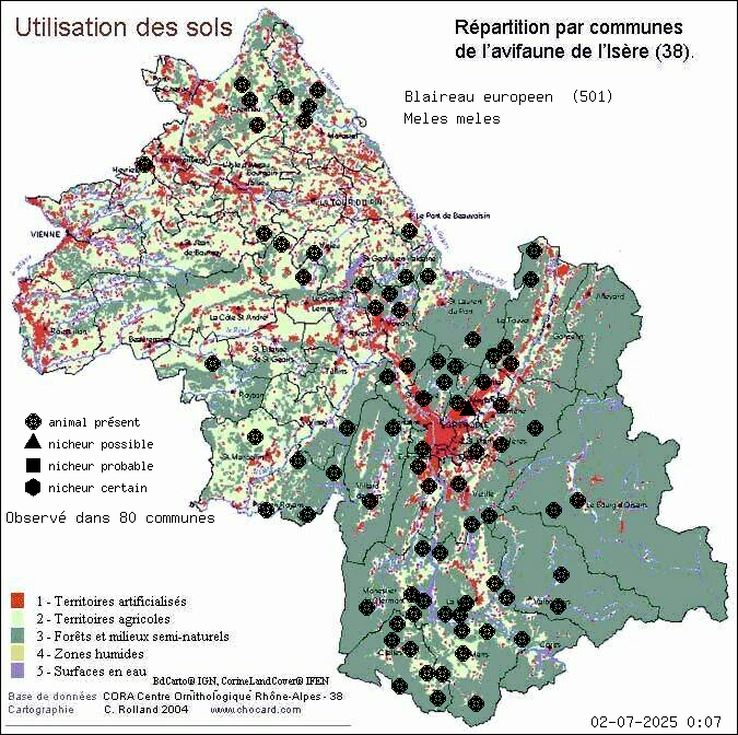 Carte de rpartition par communes en Isre d'une espce d'animal: Blaireau europen (Meles meles) selon Occupation des sols