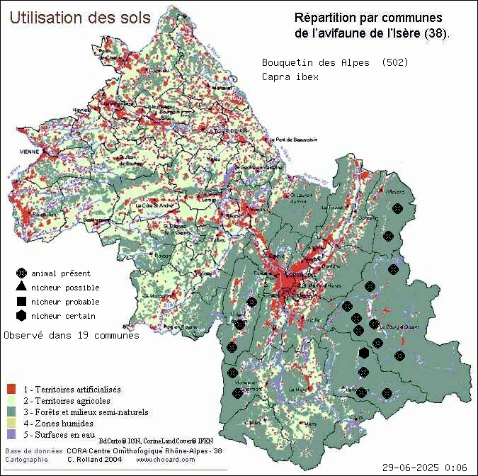 Carte de rpartition par communes en Isre d'une espce d'animal: Bouquetin des Alpes (Capra ibex) selon Occupation des sols