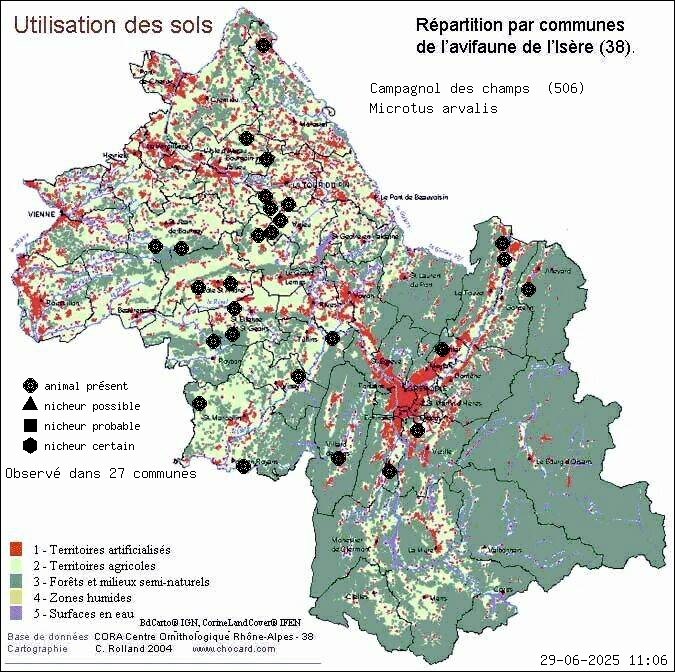 Campagnol des champs (Microtus arvalis): carte de rpartition en Isre