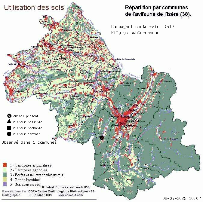 Carte de rpartition par communes en Isre d'une espce d'animal: Campagnol souterrain (Pitymys subterraneus) selon Occupation des sols