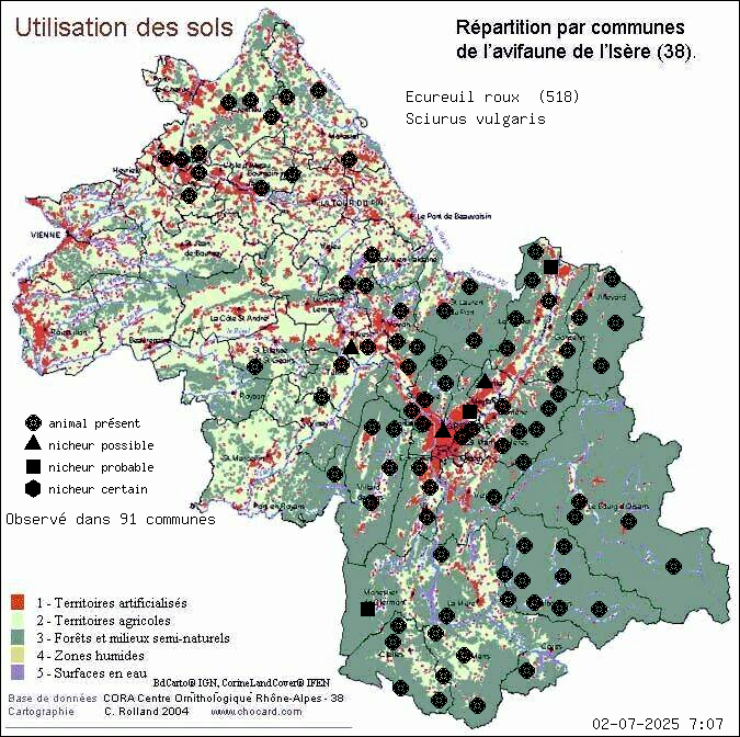 Carte de rpartition par communes en Isre d'une espce d'animal: Ecureuil roux (Sciurus vulgaris) selon Occupation des sols