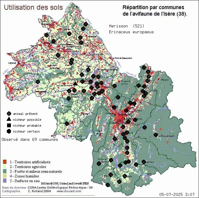 Carte de rpartition par communes en Isre d'une espce d'animal: Hrisson (Erinaceus europaeus) selon Occupation des sols