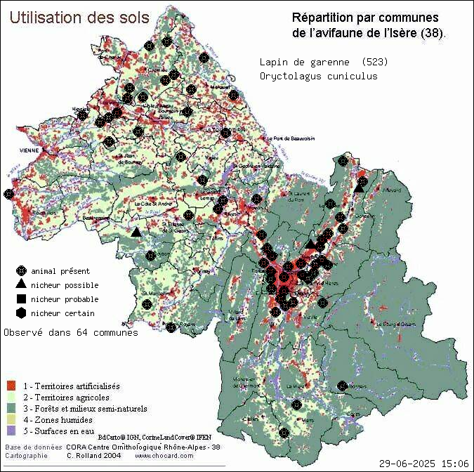 Carte de rpartition par communes en Isre d'une espce d'animal: Lapin de garenne (Oryctolagus cuniculus) selon Occupation des sols
