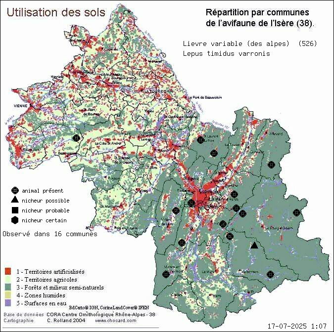 Livre variable (des alpes) (Lepus timidus varronis): carte de rpartition en Isre