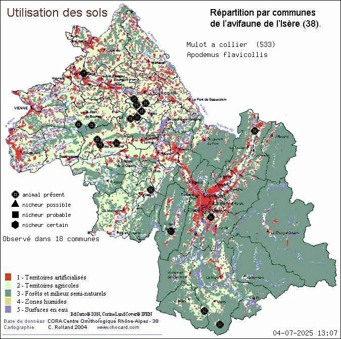 Carte de rpartition par communes en Isre d'une espce d'animal: Mulot  collier (Apodemus flavicollis) selon Occupation des sols