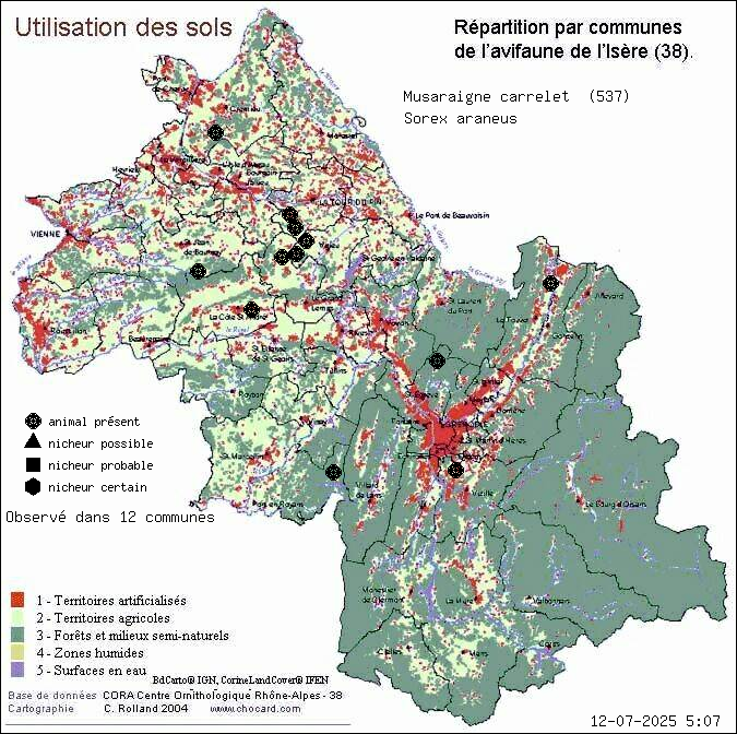 Musaraigne carrelet (Sorex araneus): carte de rpartition en Isre
