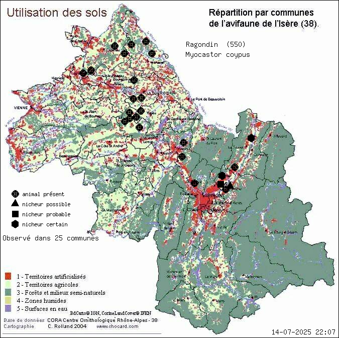 Carte de rpartition par communes en Isre d'une espce d'animal: Ragondin (Myocastor coypus) selon Occupation des sols