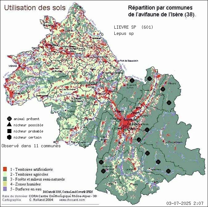 Carte de rpartition par communes en Isre d'une espce d'animal: LIEVRE SP (Lepus sp) selon Occupation des sols