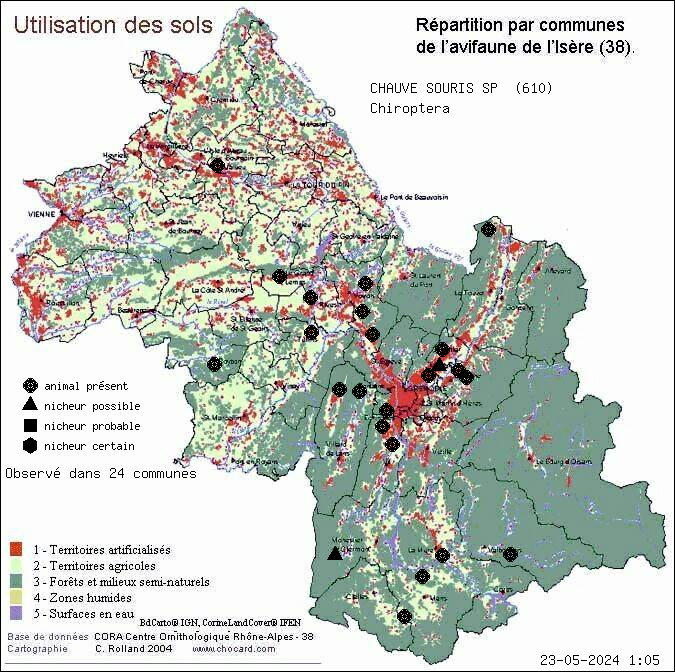 Carte de rpartition par communes en Isre d'une espce d'animal: CHAUVE SOURIS SP (Chiroptera) selon Occupation des sols