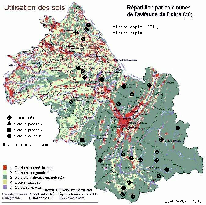 Carte de rpartition par communes en Isre d'une espce d'animal: Vipre aspic (Vipera aspis) selon Occupation des sols