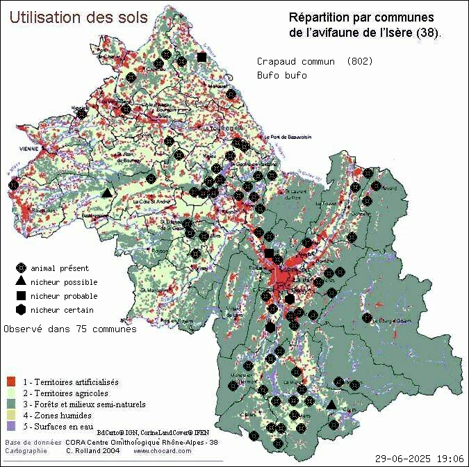 Carte de rpartition par communes en Isre d'une espce d'animal: Crapaud commun (Bufo bufo) selon Occupation des sols