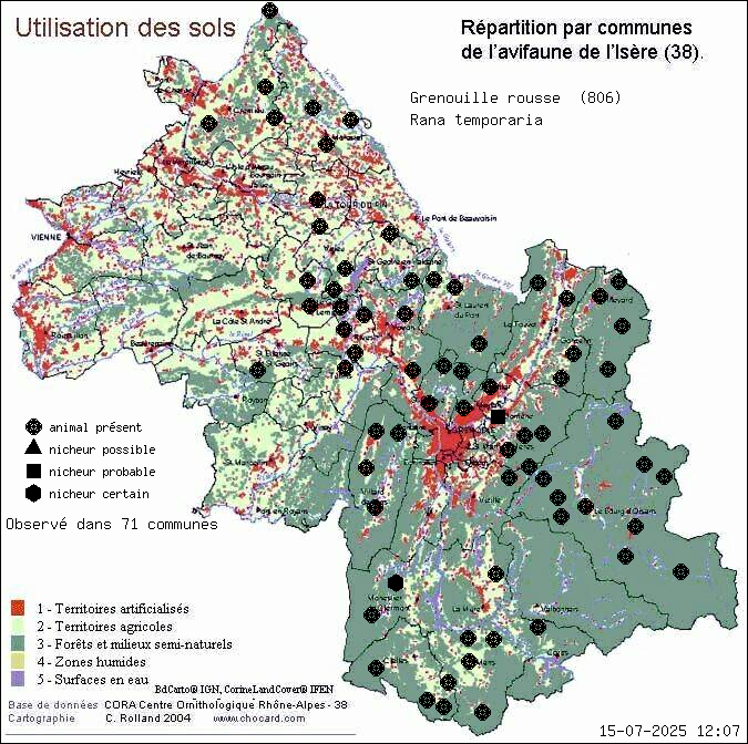 Grenouille rousse (Rana temporaria): carte de rpartition en Isre