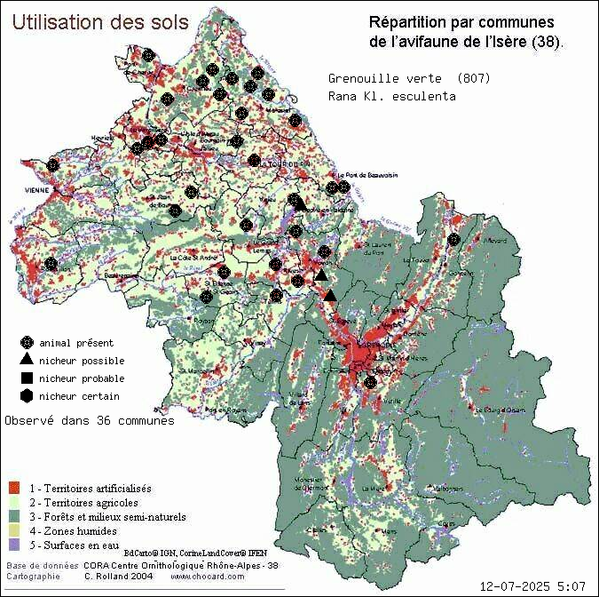 Carte de rpartition par communes en Isre d'une espce d'animal: Grenouille verte (Rana Kl. esculenta) selon Occupation des sols