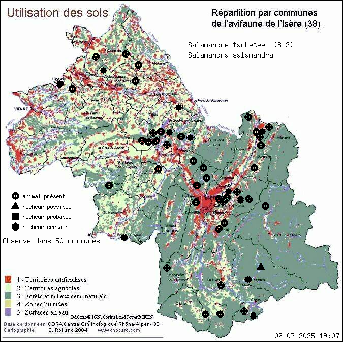 Salamandre tachete (Salamandra salamandra): carte de rpartition en Isre