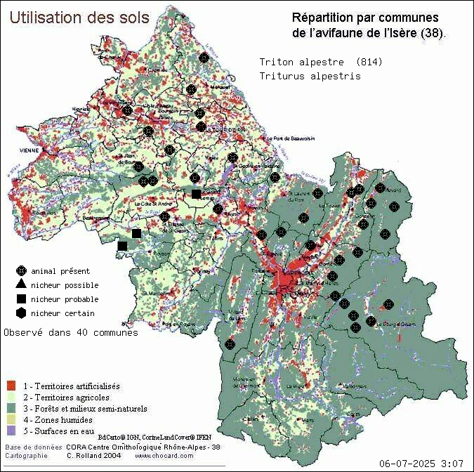 Carte de rpartition par communes en Isre d'une espce d'animal: Triton alpestre (Triturus alpestris) selon Occupation des sols