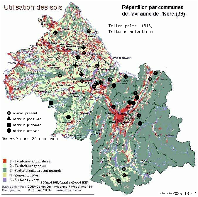 Carte de rpartition par communes en Isre d'une espce d'animal: Triton palm (Triturus helveticus) selon Occupation des sols