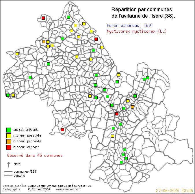 Carte de rpartition par communes en Isre d'une espce d'oiseau: Hron bihoreau (Nycticorax nycticorax (L.)) selon Communes et cantons