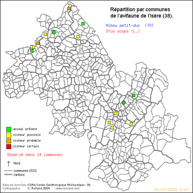 Carte de rpartition par communes en Isre d'une espce d'oiseau: Hibou petit-duc (Otus scops (L.)) selon Communes et cantons