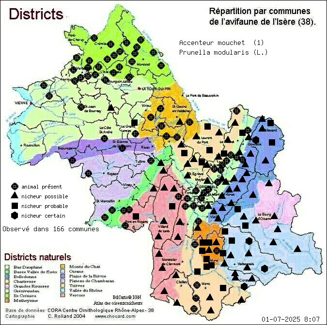 Carte de rpartition par communes en Isre d'une espce d'animal: Accenteur mouchet (Prunella modularis (L.)) selon Districts naturels