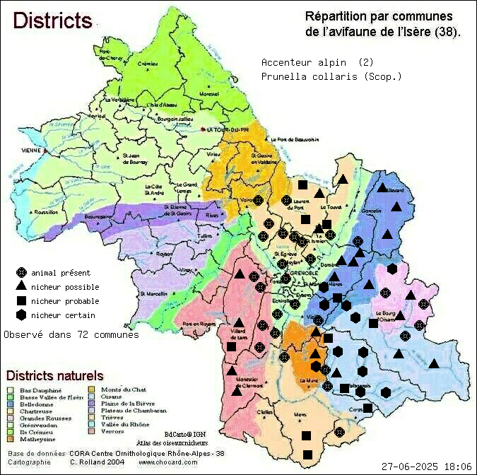 Carte de rpartition par communes en Isre d'une espce d'animal: Accenteur alpin (Prunella collaris (Scop.)) selon Districts naturels