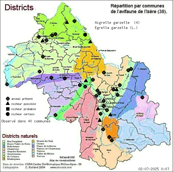 Carte de rpartition par communes en Isre d'une espce d'animal: Aigrette garzette (Egretta garzetta (L.)) selon Districts naturels