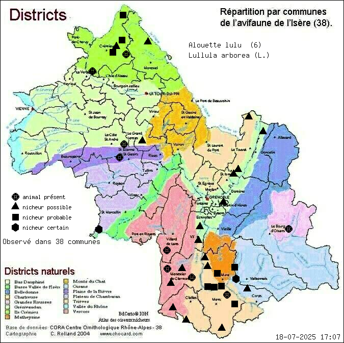 Carte de rpartition par communes en Isre d'une espce d'animal: Alouette lulu (Lullula arborea (L.)) selon Districts naturels