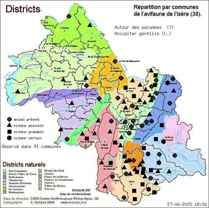 Carte de rpartition par communes en Isre d'une espce d'animal: Autour des palombes (Accipiter gentilis (L.)) selon Districts naturels