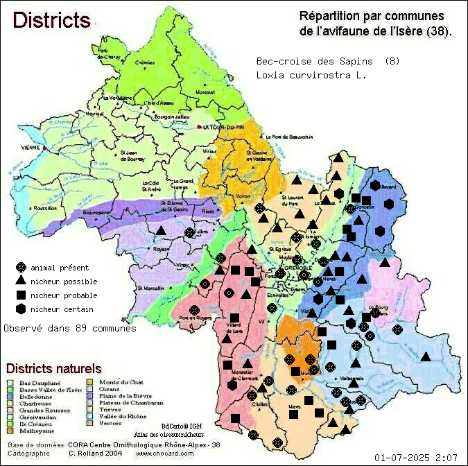 Carte de rpartition par communes en Isre d'une espce d'animal: Bec-crois des Sapins (Loxia curvirostra L.) selon Districts naturels