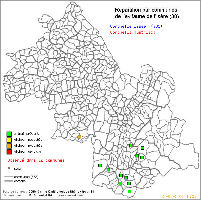 Coronelle lisse (Coronella austriaca): carte de rpartition en Isre