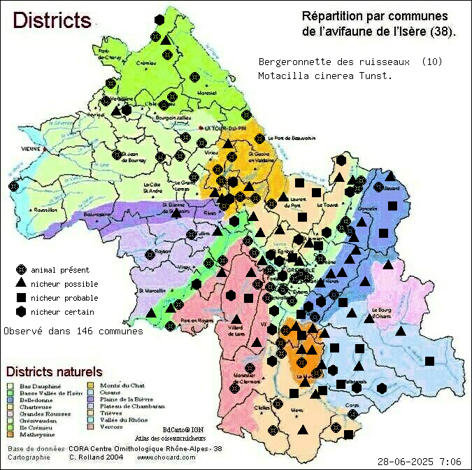 Bergeronnette des ruisseaux (Motacilla cinerea Tunst.): carte de rpartition en Isre