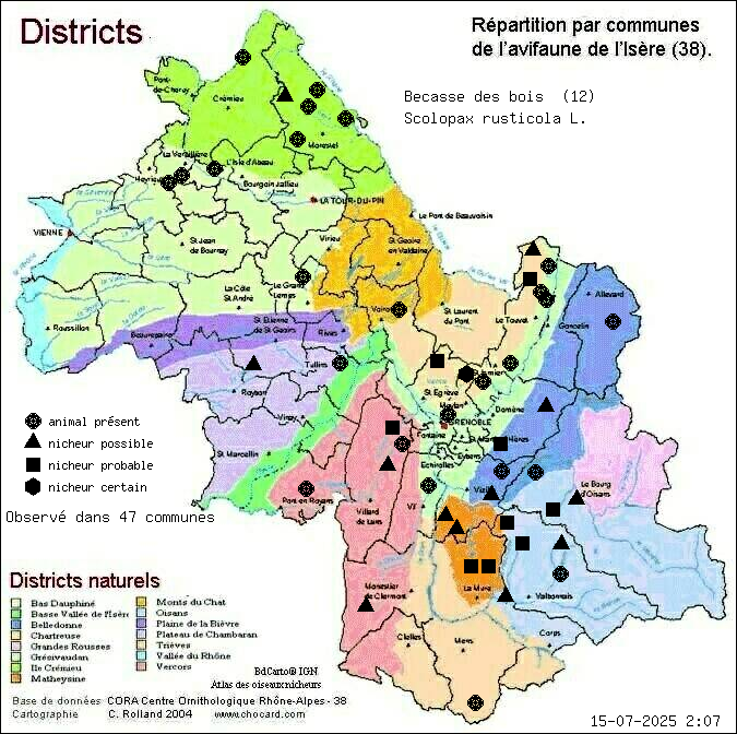 Carte de rpartition par communes en Isre d'une espce d'animal: Bcasse des bois (Scolopax rusticola L.) selon Districts naturels