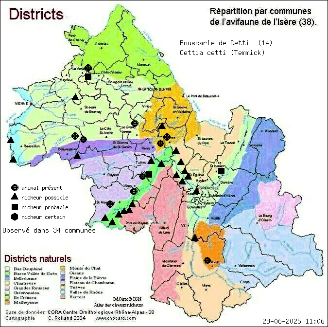 Carte de rpartition par communes en Isre d'une espce d'animal: Bouscarle de Cetti (Cettia cetti (Temmick)) selon Districts naturels