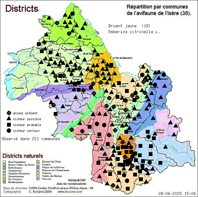 Bruant jaune (Emberiza citrinella L.): carte de rpartition en Isre