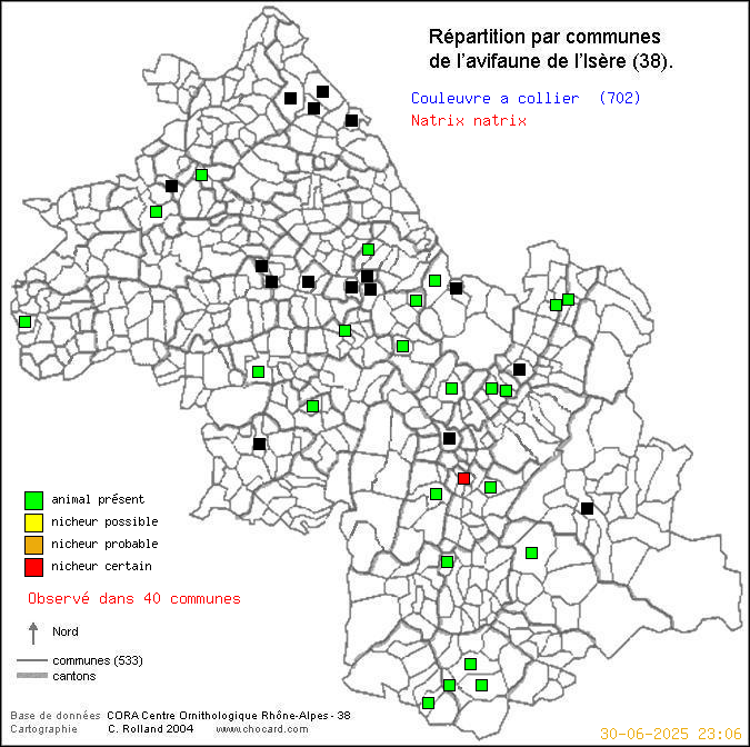 Carte de rpartition par communes en Isre d'une espce d'animal: Couleuvre  collier (Natrix natrix) selon Communes et cantons