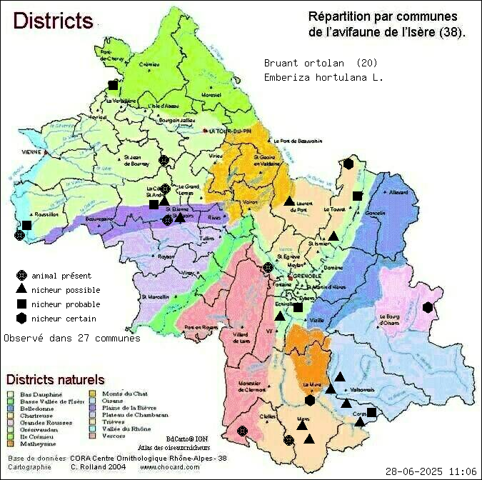 Bruant ortolan (Emberiza hortulana L.): carte de rpartition en Isre