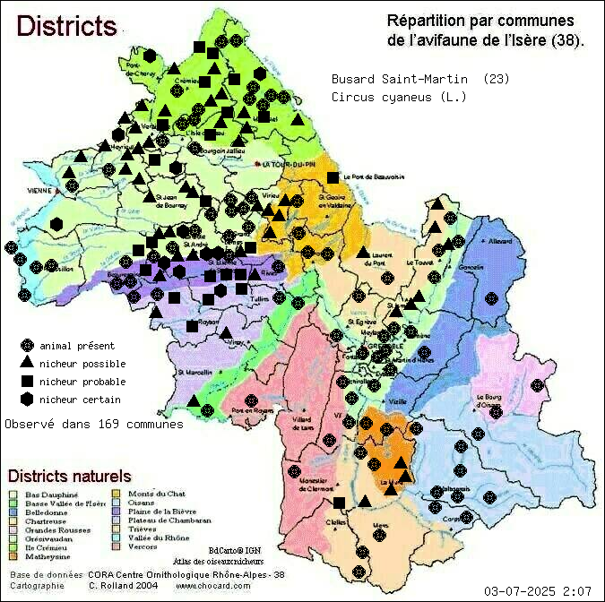 Busard Saint-Martin (Circus cyaneus (L.)): carte de rpartition en Isre