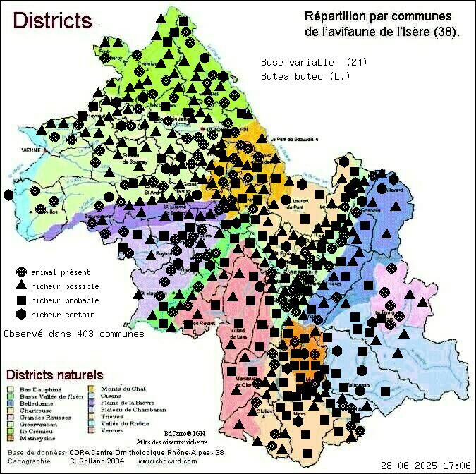 Carte de rpartition par communes en Isre d'une espce d'animal: Buse variable (Butea buteo (L.)) selon Districts naturels