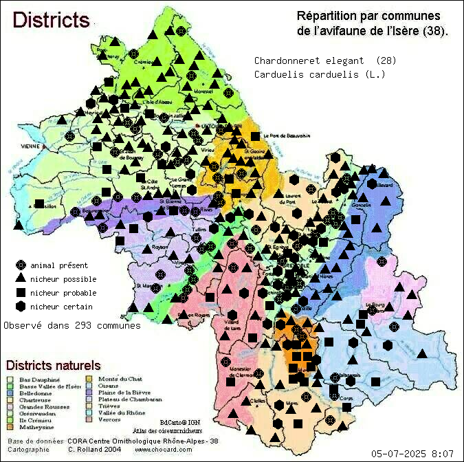 Chardonneret lgant (Carduelis carduelis (L.)): carte de rpartition en Isre