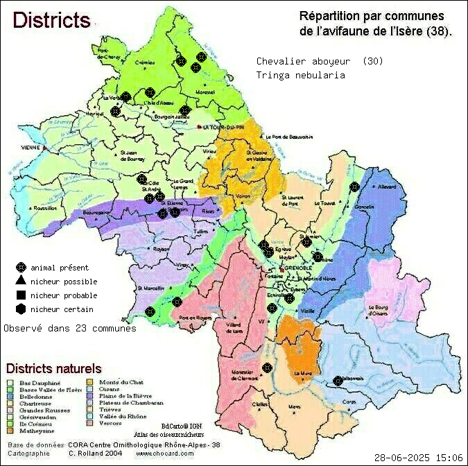 Carte de rpartition par communes en Isre d'une espce d'animal: Chevalier aboyeur (Tringa nebularia) selon Districts naturels