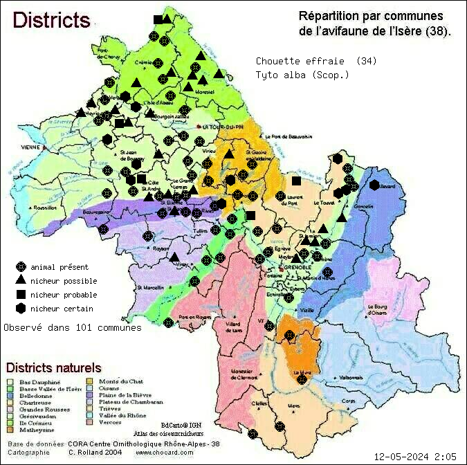 Carte de rpartition par communes en Isre d'une espce d'animal: Chouette effraie (Tyto alba (Scop.)) selon Districts naturels