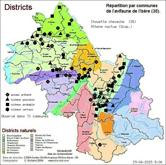 Carte de rpartition par communes en Isre d'une espce d'animal: Chouette chevche (Athene noctua (Scop.)) selon Districts naturels