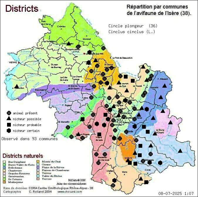 Carte de rpartition par communes en Isre d'une espce d'animal: Cincle plongeur (Cinclus cinclus (L.)) selon Districts naturels