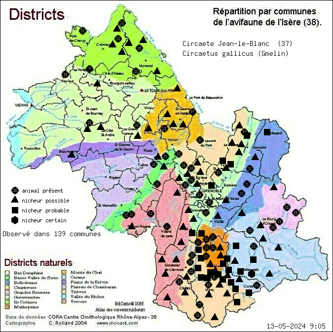 Carte de rpartition par communes en Isre d'une espce d'animal: Circate Jean-le-Blanc (Circaetus gallicus (Gmelin)) selon Districts naturels