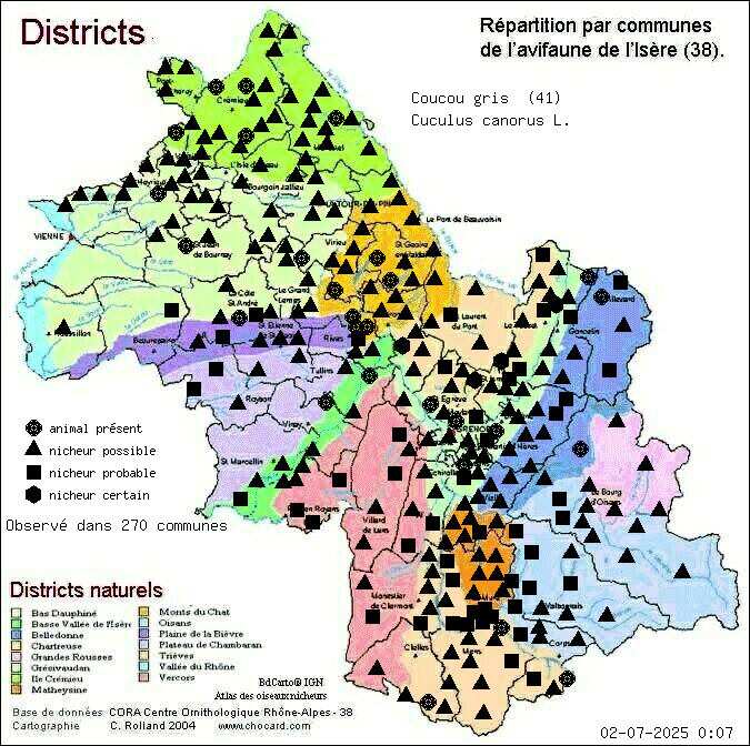 Coucou gris (Cuculus canorus L.): carte de rpartition en Isre