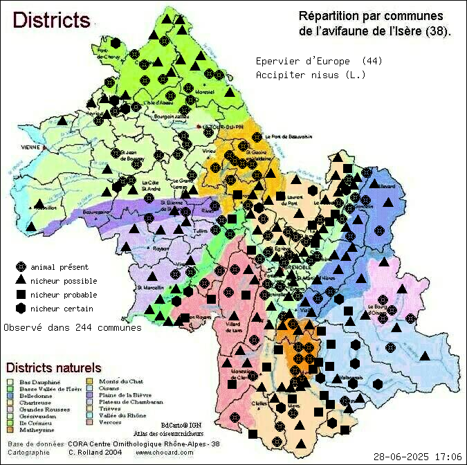 Carte de rpartition par communes en Isre d'une espce d'animal: Epervier d Europe (Accipiter nisus (L.)) selon Districts naturels