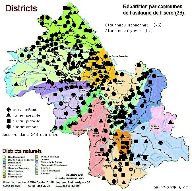 Carte de rpartition par communes en Isre d'une espce d'animal: Etourneau sansonnet (Sturnus vulgaris (L.)) selon Districts naturels